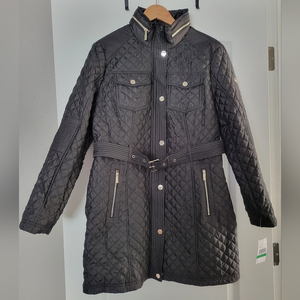 MICHAEL KORS Women’s Black Quilted Jacket with Belt and Gold embellishments, L